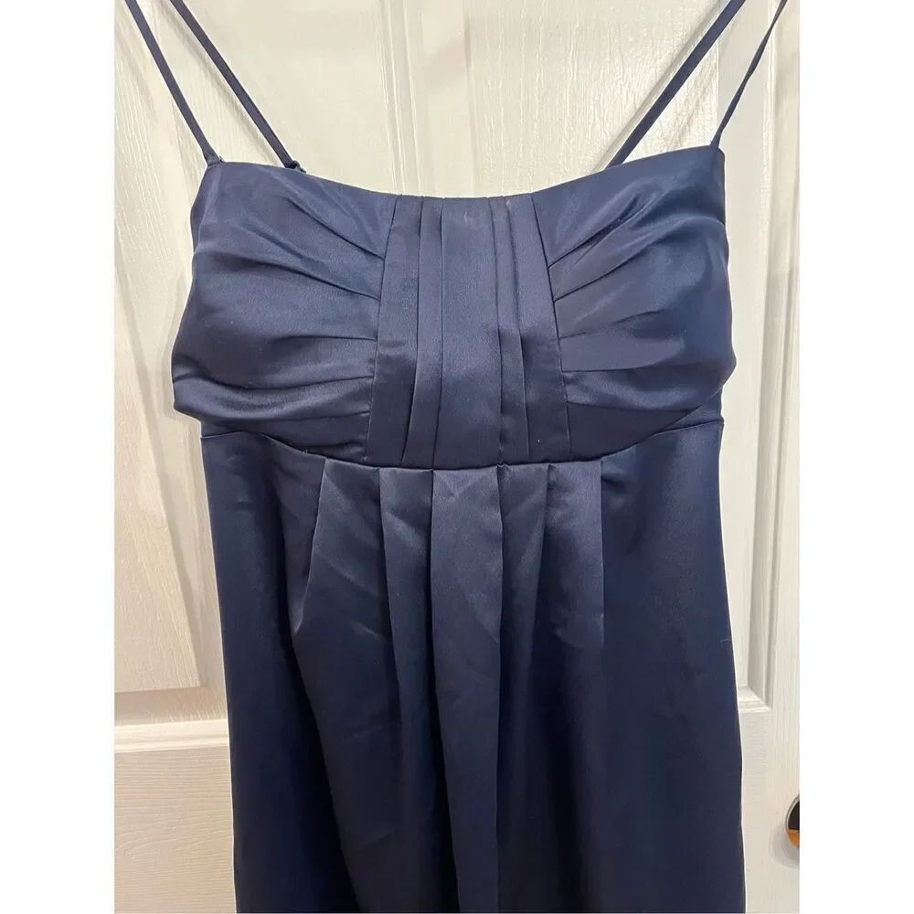 BCBG Paris Navy Satin Gathered Front Peek A Boo Spaghetti Strap Cocktail Dress s